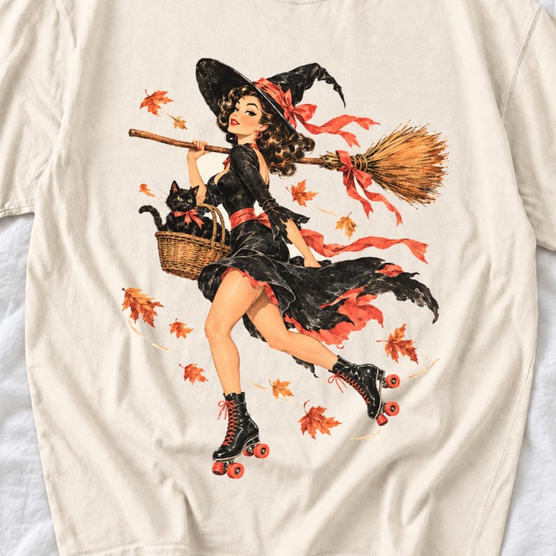 Retro 1950s pin-up witch on roller skates with a broom and a cat in a basket, autumn leaves