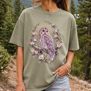 Tawny Owl Shirt, Floral Owl Tee, Comfort Colors Owl Lover T-shirt, Retro Wildflowers Owl Shirt, Women Owl Tee Gift image 14