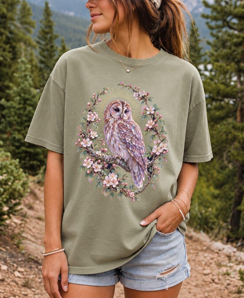 Tawny Owl Shirt, Floral Owl Tee, Comfort Colors Owl Lover T-shirt, Retro Wildflowers Owl Shirt, Women Owl Tee Gift image 14