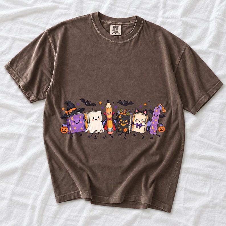 Kawaii books, pencil and bookmark with faces in Halloween costumes, pastel purple and orange