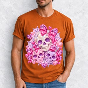Puffy glossy 3D pink skulls with bows, hearts, cobwebs and rhinestones in coquette style