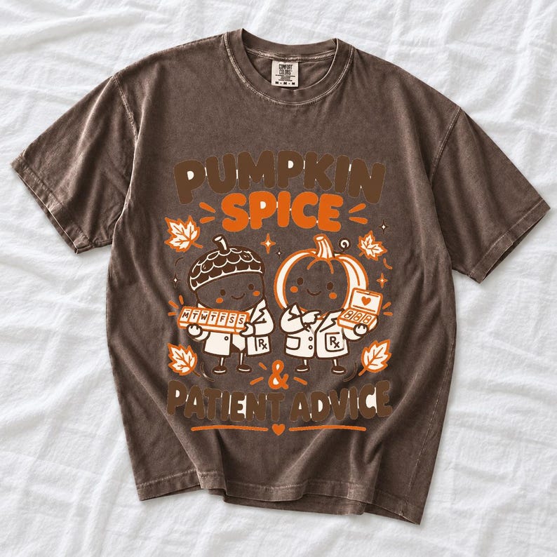 Acorn and pumpkin characters in pharmacist coats holding pill organizers, text Pumpkin Spice & Patient Advice
