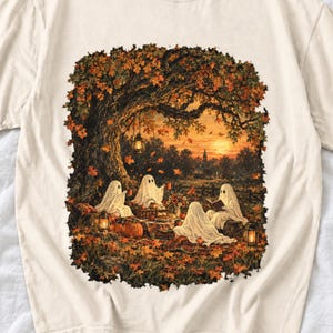 Vintage oil painting of sheet ghosts having a picnic under oak trees with falling autumn leaves at golden hour