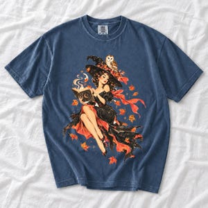 Retro 1950s pin-up witch floating while reading a spell book with an owl on her hat, autumn leaves