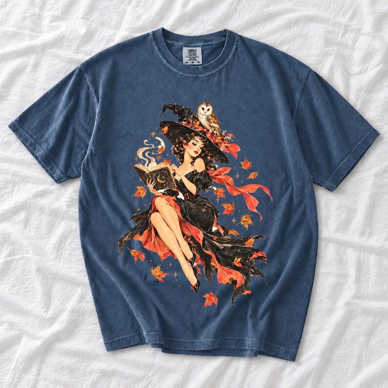 Retro 1950s pin-up witch floating while reading a spell book with an owl on her hat, autumn leaves