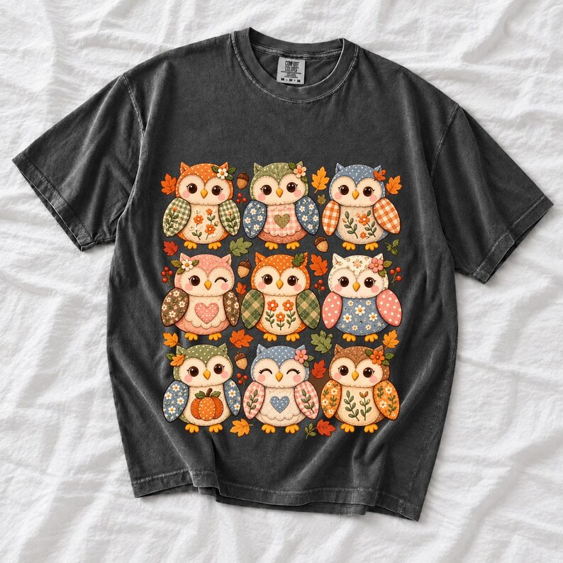 Grid of chubby owls with quilted patchwork wings, acorns and leaves in pumpkin, sage and dusty blue autumn colors