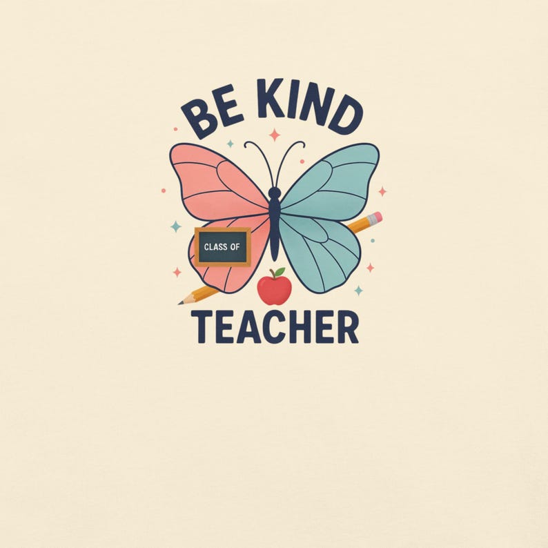 Be Kind Teacher Shirt, Pastel Butterfly Classroom Comfort Colors Tee; Ivory Comfort Colors 1717 shirt, close-up of the actual front print