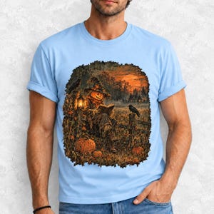 Vintage oil painting of a pumpkin-headed scarecrow reading by lantern in a misty field at dusk with crows on a fence