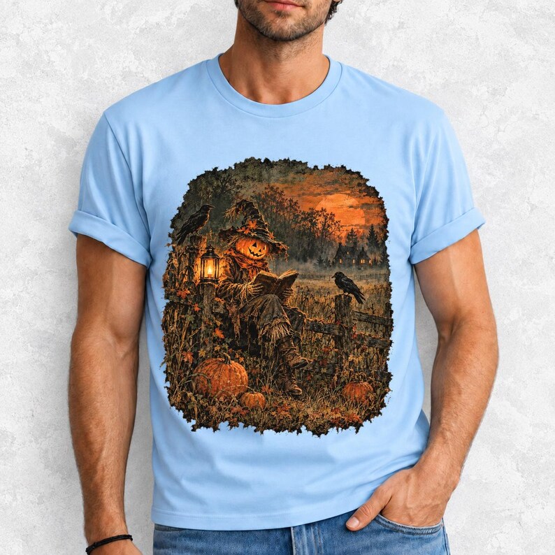 Vintage oil painting of a pumpkin-headed scarecrow reading by lantern in a misty field at dusk with crows on a fence