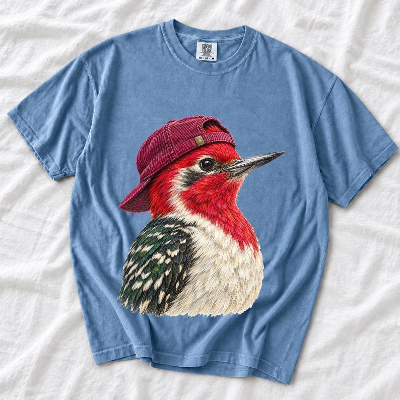 Colored-pencil red-headed woodpecker in side profile wearing a backwards corduroy cap, funny birder t-shirt graphic
