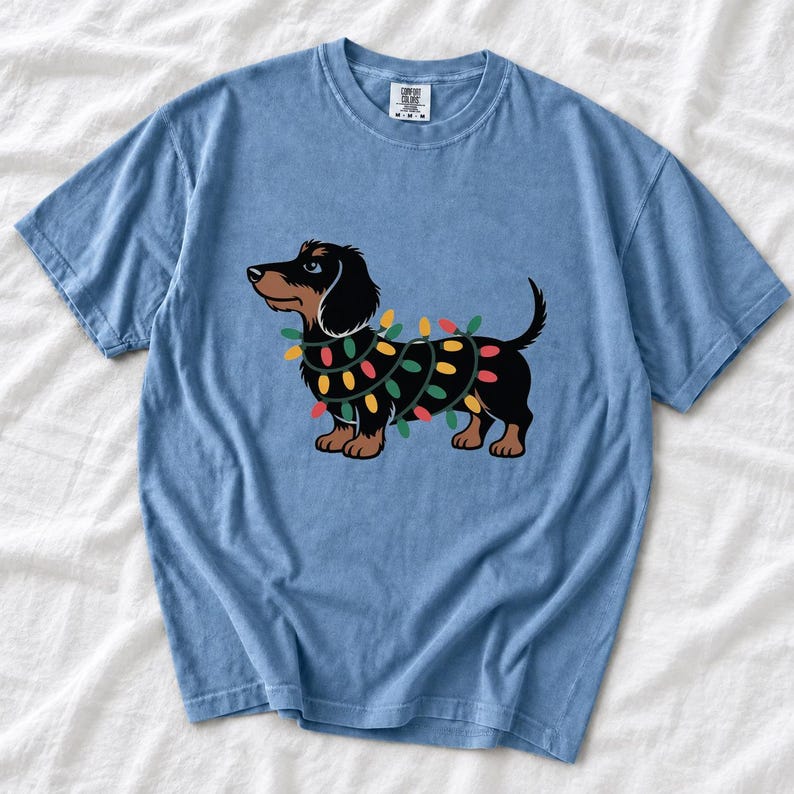 Comfort Colors Dachshund Christmas Lights Shirt, Funny Doxie Christmas Tee, Wiener Dog Christmas T-shirt, Dachshund Mom Holiday Shirt