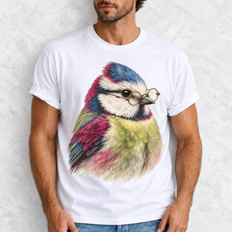 Colored-pencil blue tit bird wearing tiny round reading glasses, funny birdwatcher t-shirt illustration