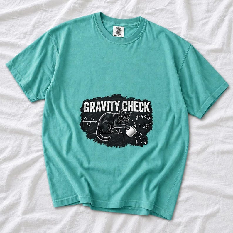 Gravity Check Black Cat Physics Comfort Colors Shirt product mockup, image 6