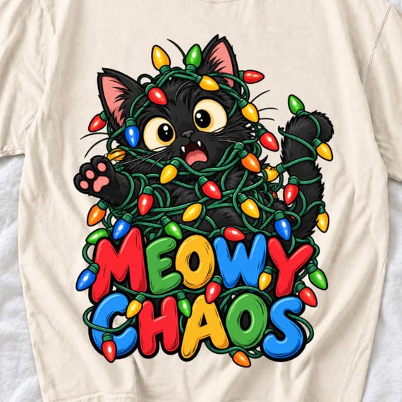 Meowy Chaos Black Cat Christmas Shirt by AeroBeloved