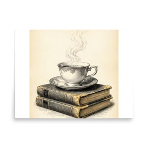 May include: A black and white ink illustration of a steaming teacup resting on a saucer, which is placed atop a stack of two thick, weathered hardcover books. The drawing features detailed shading and textures on the cup and book spines.