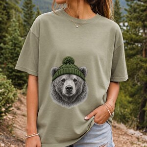 Comfort Colors Bear Beanie Shirt, Sketch Bear Winter Tee, Grizzly Bear Green Beanie T-shirt, Cabin Bear Lover Shirt Gift, Bear Tee