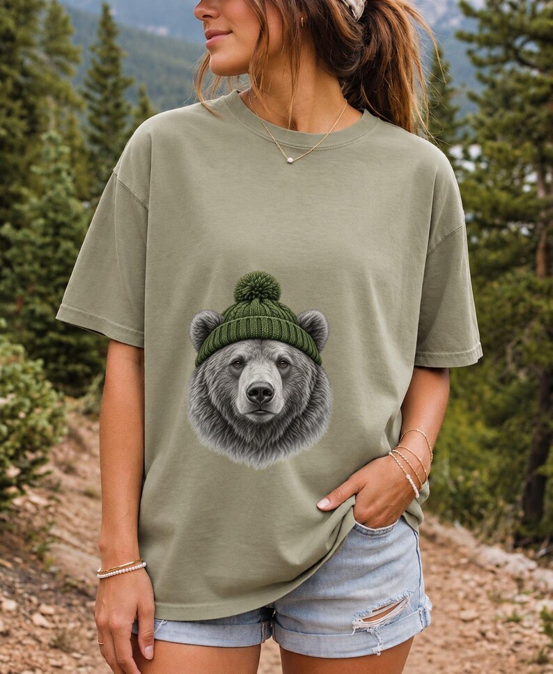 Comfort Colors Bear Beanie Shirt, Sketch Bear Winter Tee, Grizzly Bear Green Beanie T-shirt, Cabin Bear Lover Shirt Gift, Bear Tee