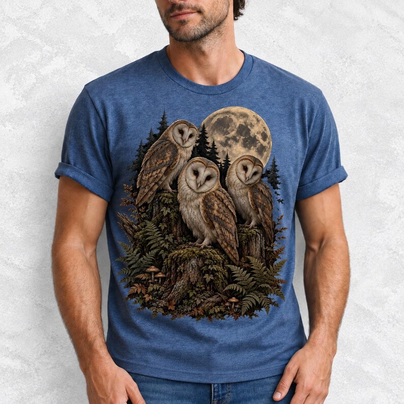 Three barn owls on a mossy stump under a huge full moon with ferns and mushrooms, dark realistic forest illustration