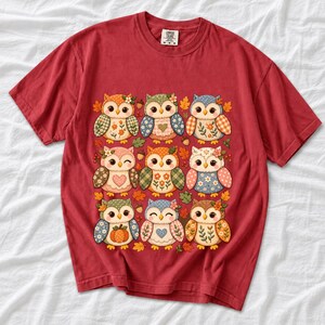 Grid of chubby owls with quilted patchwork wings, acorns and leaves in pumpkin, sage and dusty blue autumn colors