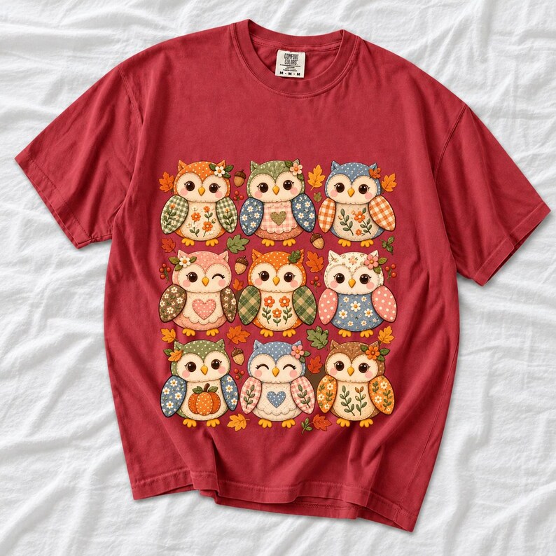 Grid of chubby owls with quilted patchwork wings, acorns and leaves in pumpkin, sage and dusty blue autumn colors