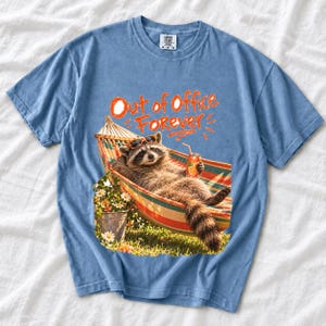 Raccoon relaxing in a hammock with a soda can and sunglasses, 90s film photo style, text "Out of Office Forever"