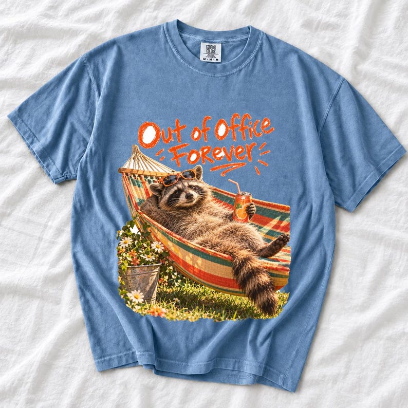 Raccoon relaxing in a hammock with a soda can and sunglasses, 90s film photo style, text "Out of Office Forever"