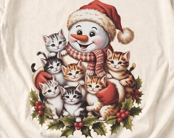 Comfort Colors Snowman Cats Christmas Shirt, Retro Snowman Kitten Tee, Christmas Cat Lover T-shirt, Cat Mom Holiday Shirt, Winter Cat Tee