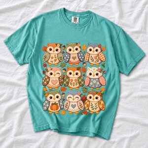 Grid of chubby owls with quilted patchwork wings, acorns and leaves in pumpkin, sage and dusty blue autumn colors