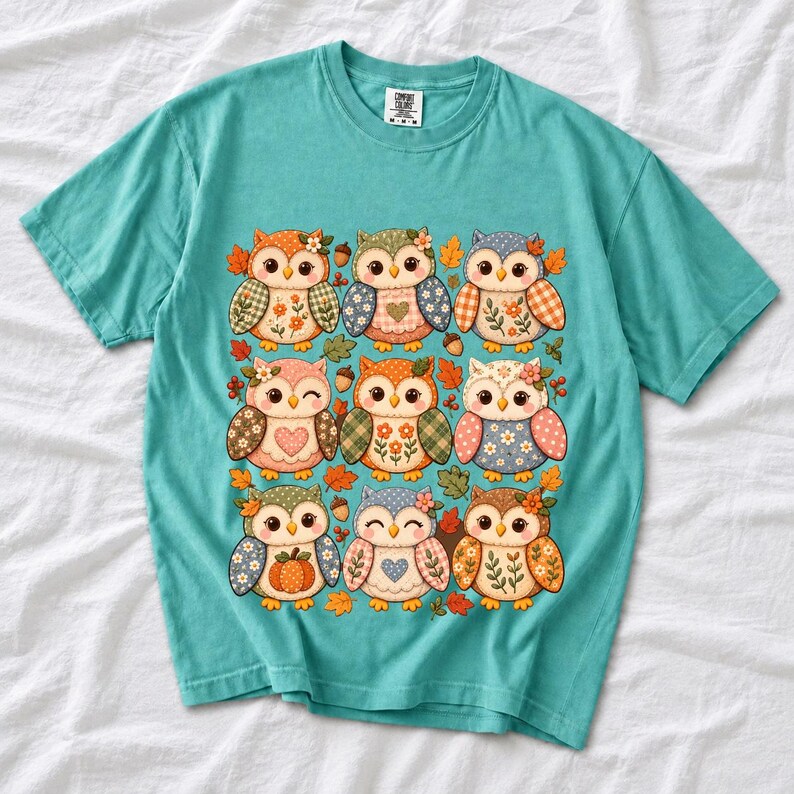 Grid of chubby owls with quilted patchwork wings, acorns and leaves in pumpkin, sage and dusty blue autumn colors