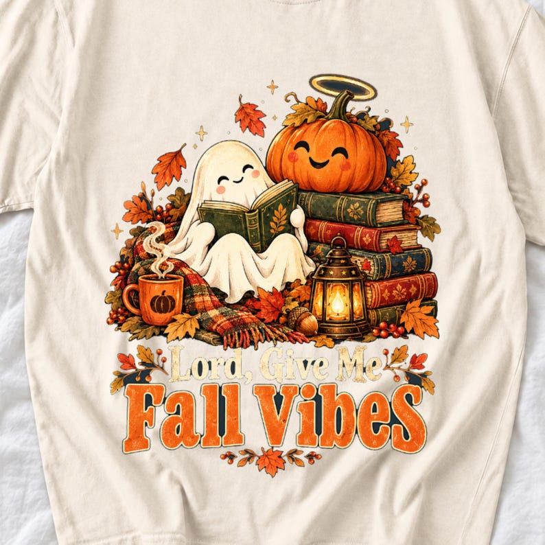 Smiling pumpkin with a halo beside a stack of books and a lantern, text "Lord, Give Me Fall Vibes", retro fall illustration