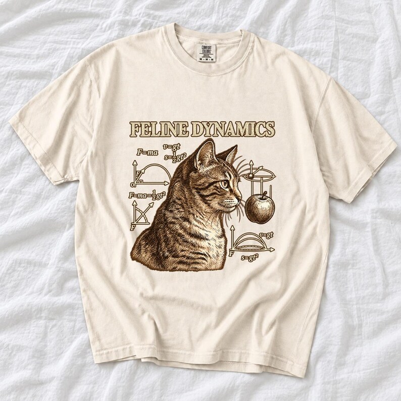 Comfort Colors Science Cat Shirt, Feline Dynamics Tee, Retro Physics Cat T-shirt, Physics Teacher Cat Tee, Engraved Tabby Cat Shirt