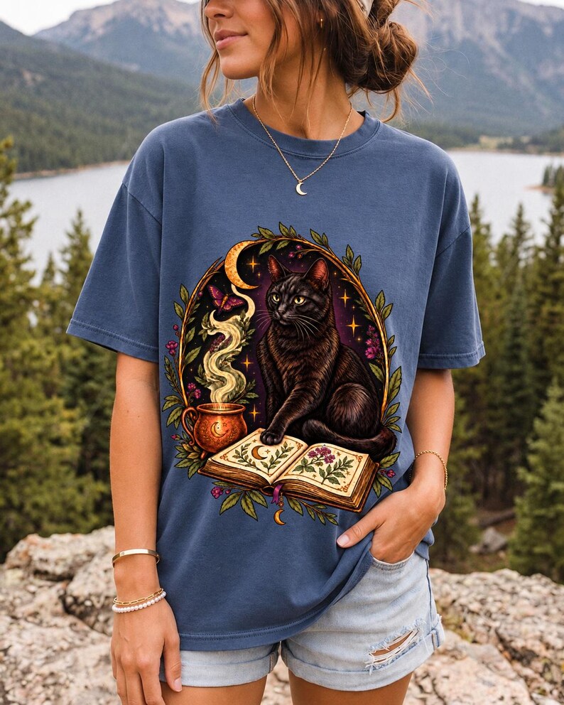 Black cat guarding an open botanical spellbook with a glowing potion cup