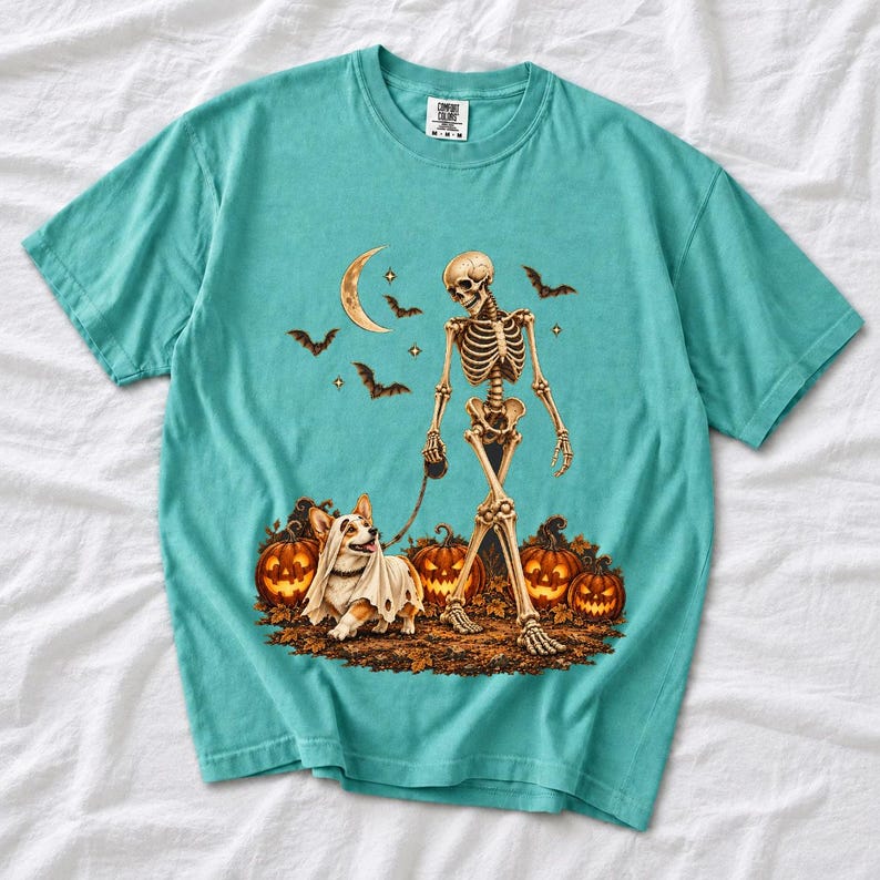 A skeleton walking a corgi in a ghost costume past carved pumpkins under a crescent moon