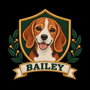 Pode incluir: Um emblema bordado apresentando o rosto de um cão beagle centralizado dentro de um escudo verde-escuro com borda dourada. O escudo é ladeado por ramos de louro verdes com bagas douradas. Uma faixa branca abaixo exibe o nome BAILEY em verde.