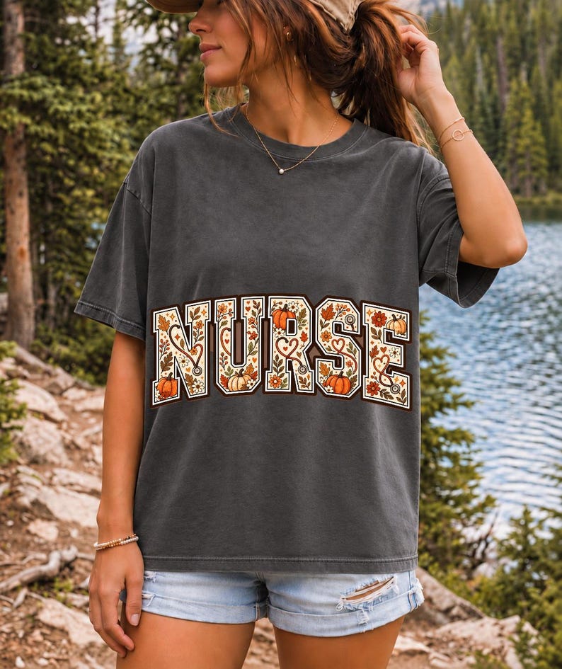 Arched varsity word NURSE filled with autumn leaves, stethoscopes and pumpkins in cream, rust and mustard