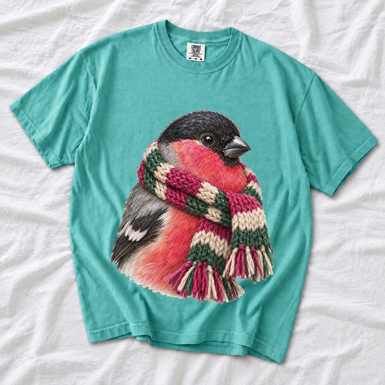 Colored-pencil bullfinch bird wrapped in a chunky striped knit scarf, cozy winter birdwatcher t-shirt art