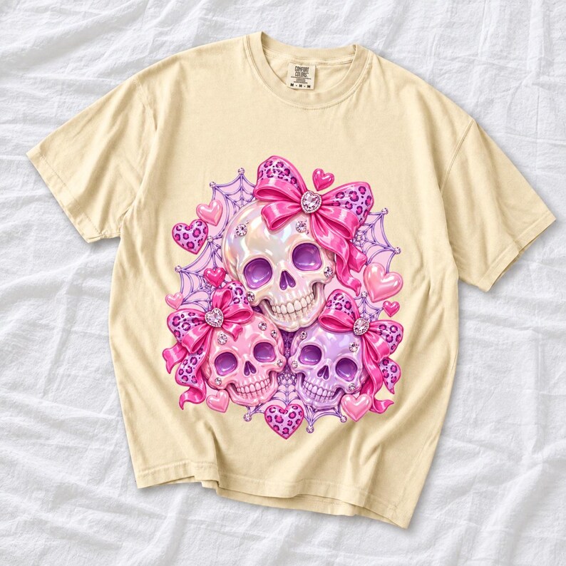Puffy glossy 3D pink skulls with bows, hearts, cobwebs and rhinestones in coquette style