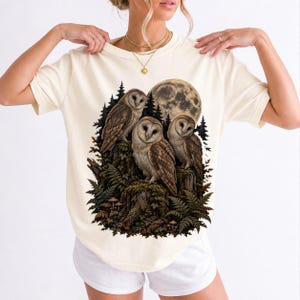 Three barn owls on a mossy stump under a huge full moon with ferns and mushrooms, dark realistic forest illustration