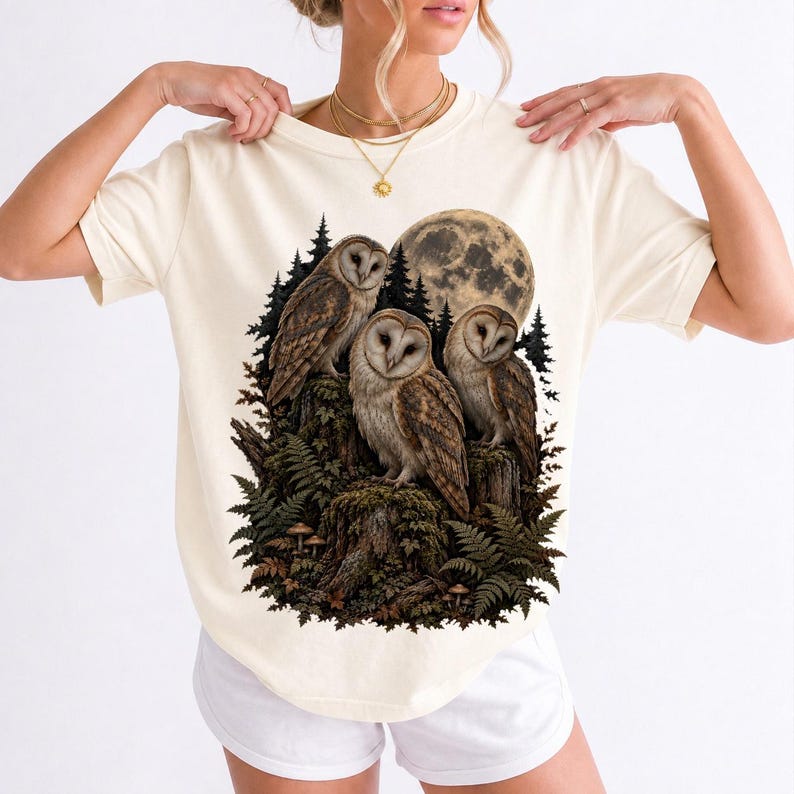 Three barn owls on a mossy stump under a huge full moon with ferns and mushrooms, dark realistic forest illustration