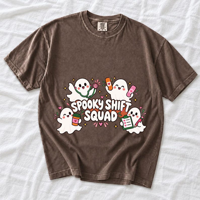 Four kawaii ghosts with stethoscope, bandages, coffee and clipboard, text Spooky Shift Squad