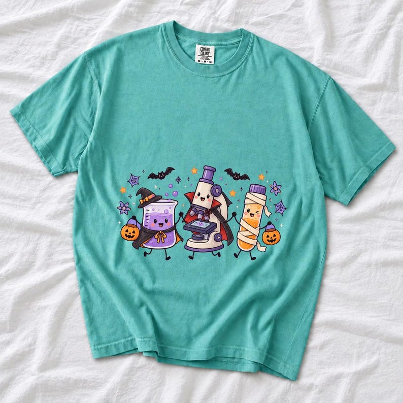 Kawaii beaker, microscope and test tube with faces in Halloween costumes, pastel purple and orange