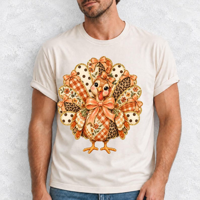 Turkey with patchwork fabric tail feathers decorated with bows on a cream and polka-dot stripe background