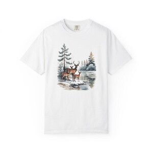 Comfort Colors Winter Deer Family Shirt, Watercolor Deer Tee, Snowy Lake Deer T-shirt, Nature Lover Winter Shirt, Deer Lover Gift Tee — Printify product mockup
