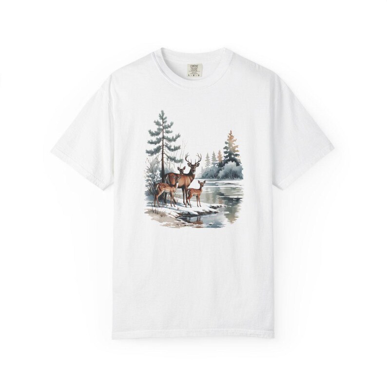 Comfort Colors Winter Deer Family Shirt, Watercolor Deer Tee, Snowy Lake Deer T-shirt, Nature Lover Winter Shirt, Deer Lover Gift Tee — Printify product mockup