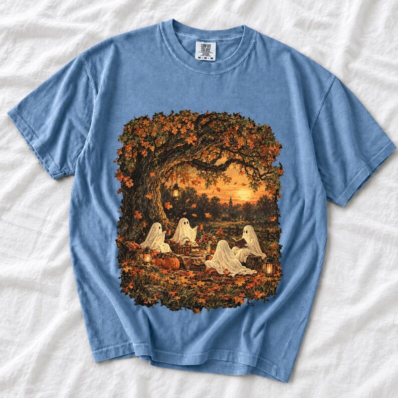 Vintage oil painting of sheet ghosts having a picnic under oak trees with falling autumn leaves at golden hour