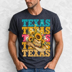 Straw cowboy hat full of sunflowers over a five-line stacked TEXAS word in retro western colors