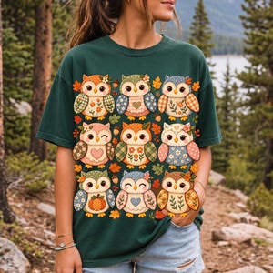 Grid of chubby owls with quilted patchwork wings, acorns and leaves in pumpkin, sage and dusty blue autumn colors