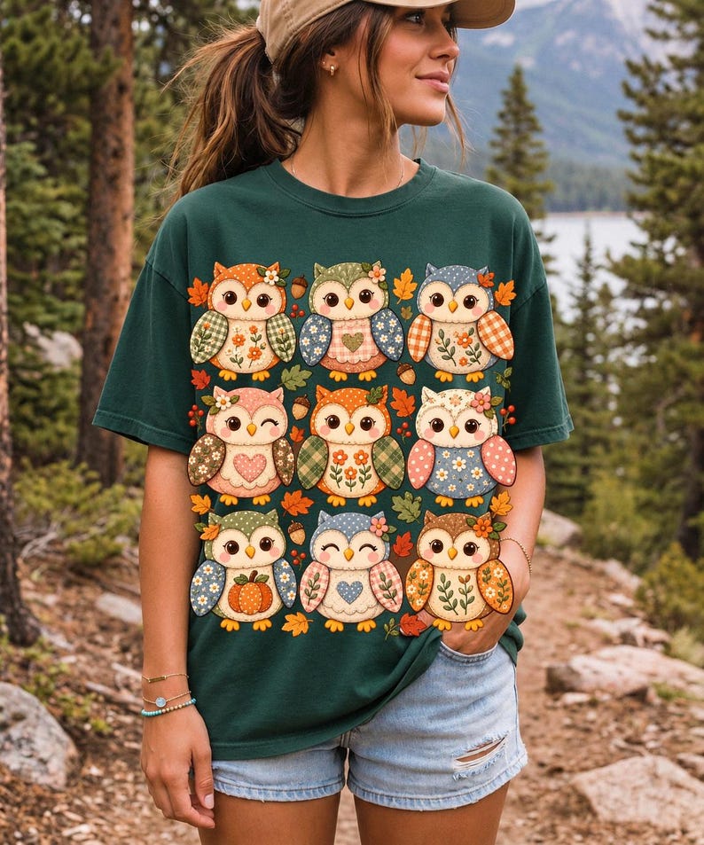 Grid of chubby owls with quilted patchwork wings, acorns and leaves in pumpkin, sage and dusty blue autumn colors