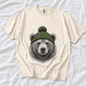 Comfort Colors Bear Beanie Shirt, Sketch Bear Winter Tee, Grizzly Bear Green Beanie T-shirt, Cabin Bear Lover Shirt Gift, Bear Tee