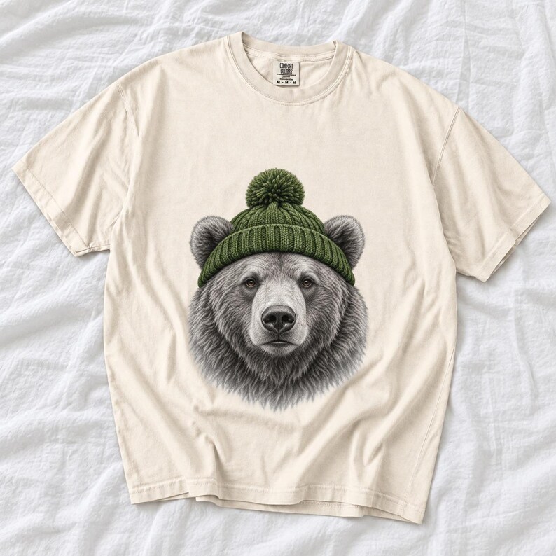 Comfort Colors Bear Beanie Shirt, Sketch Bear Winter Tee, Grizzly Bear Green Beanie T-shirt, Cabin Bear Lover Shirt Gift, Bear Tee